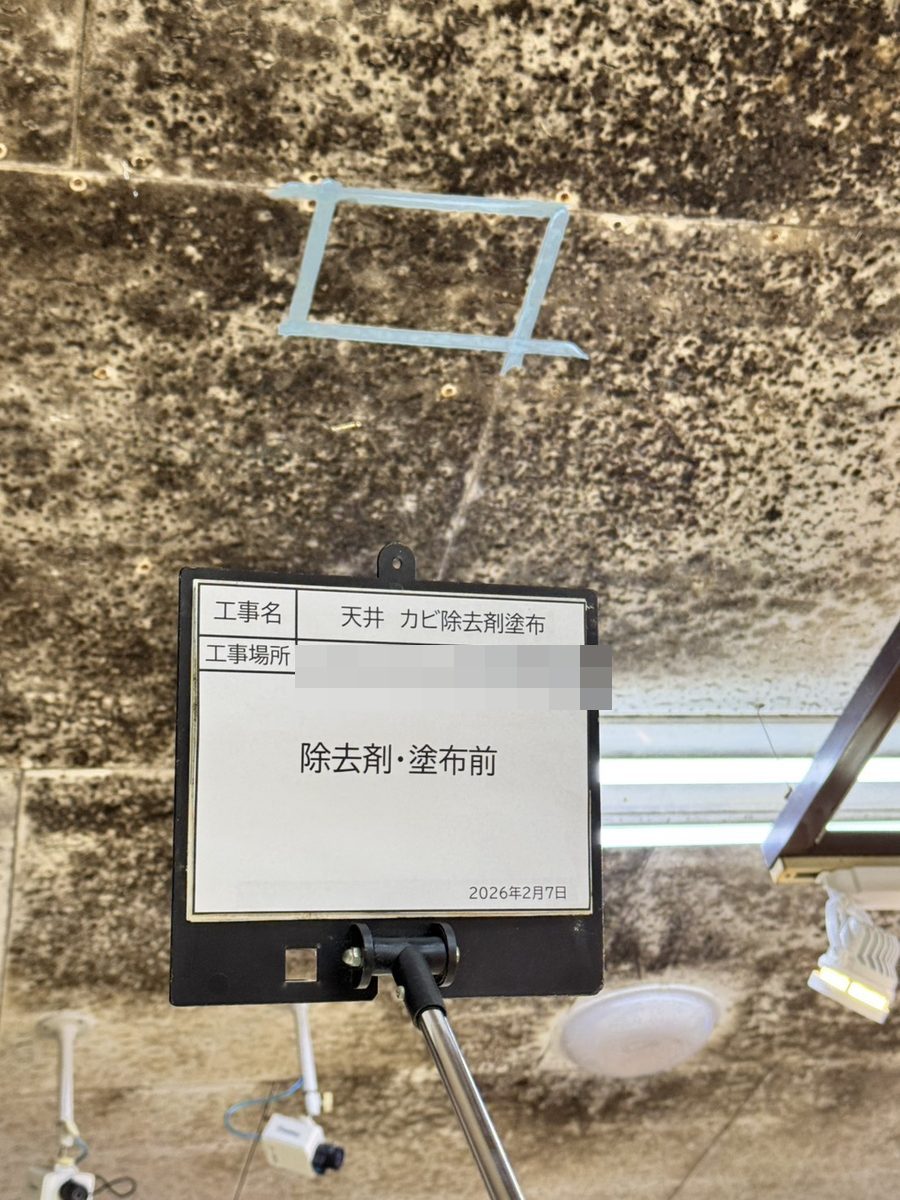 カビ除去剤の塗布前。天井一面に黒いカビが広がった状態(工事看板付きの記録写真)